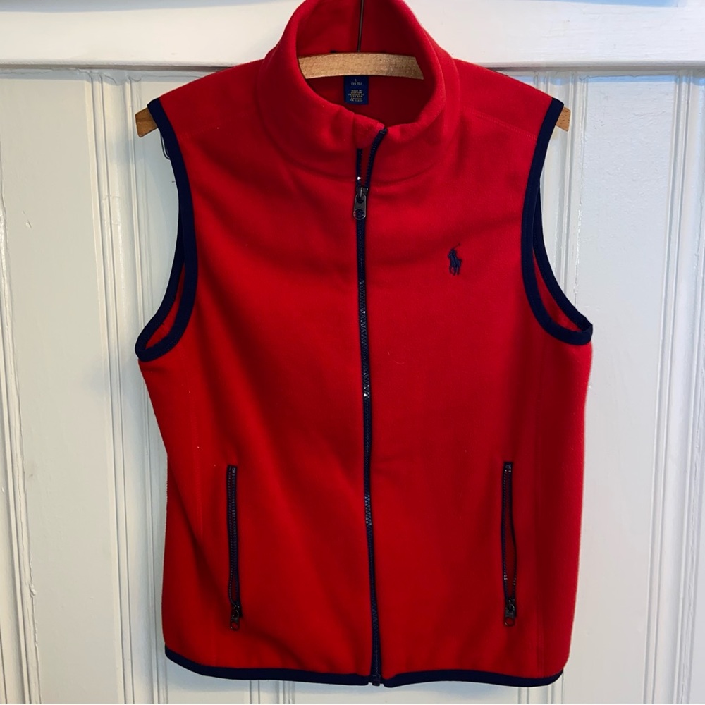 Polo Ralph Lauren Red Fleece Vest Boy’s large 14/16 navy blue trim preppy